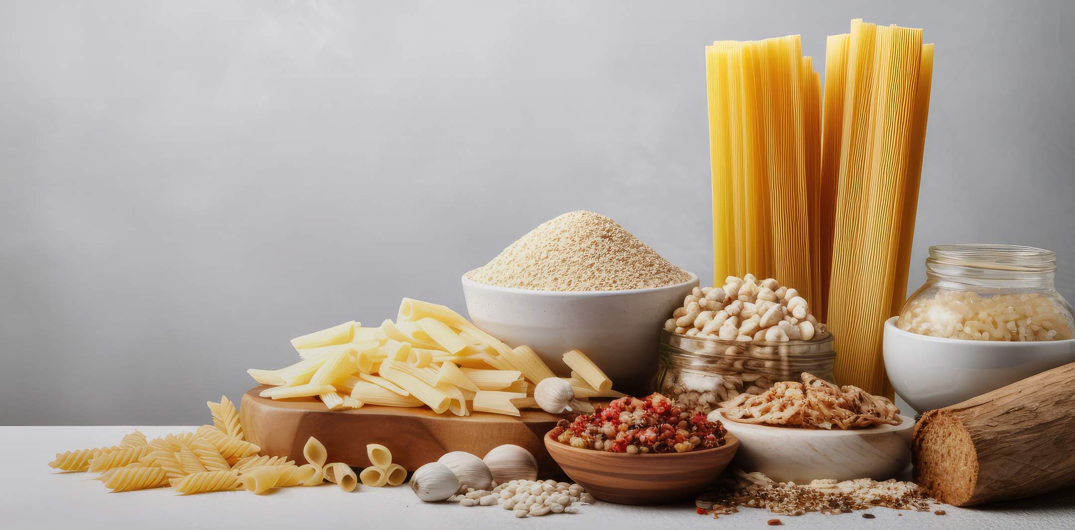 Nudeln, Spaghetti, Reis und weitere Lebensmittel in und neben Schalen präsentiert.