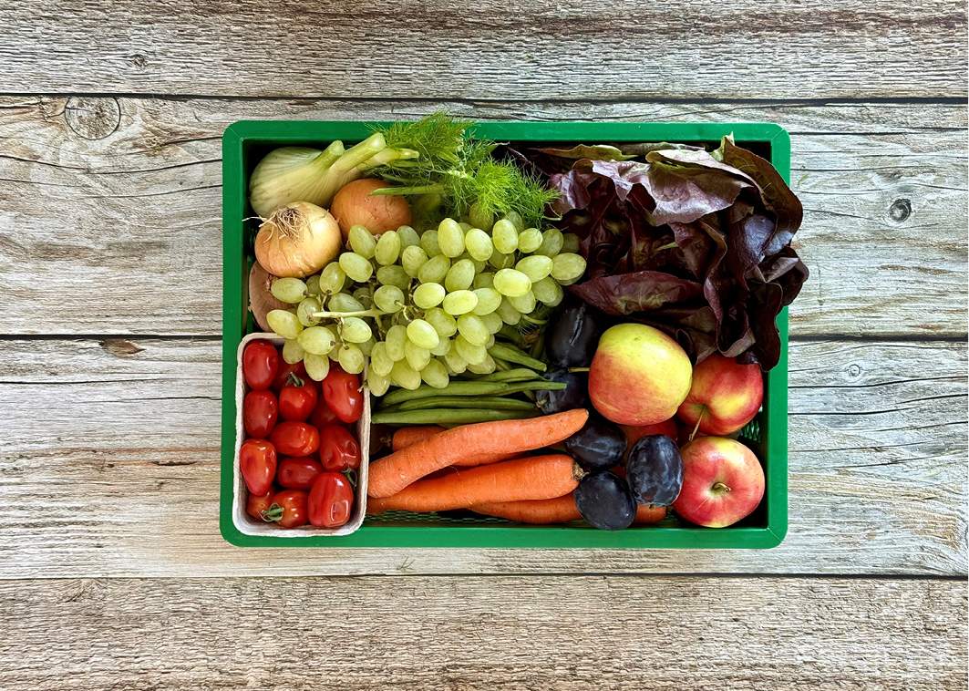 Herbstlich mit Obst und Gemüse gefüllte Ökokiste.