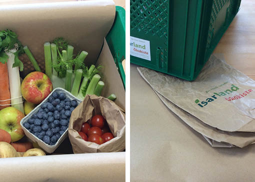 Wenig verpacktes Bio-Obst und Gemüse aus der Ökokiste.
