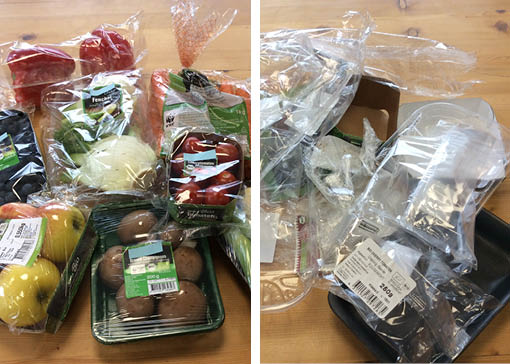 In Plastik verpacktes Bio-Obst und Gemüse aus dem Supermarkt.