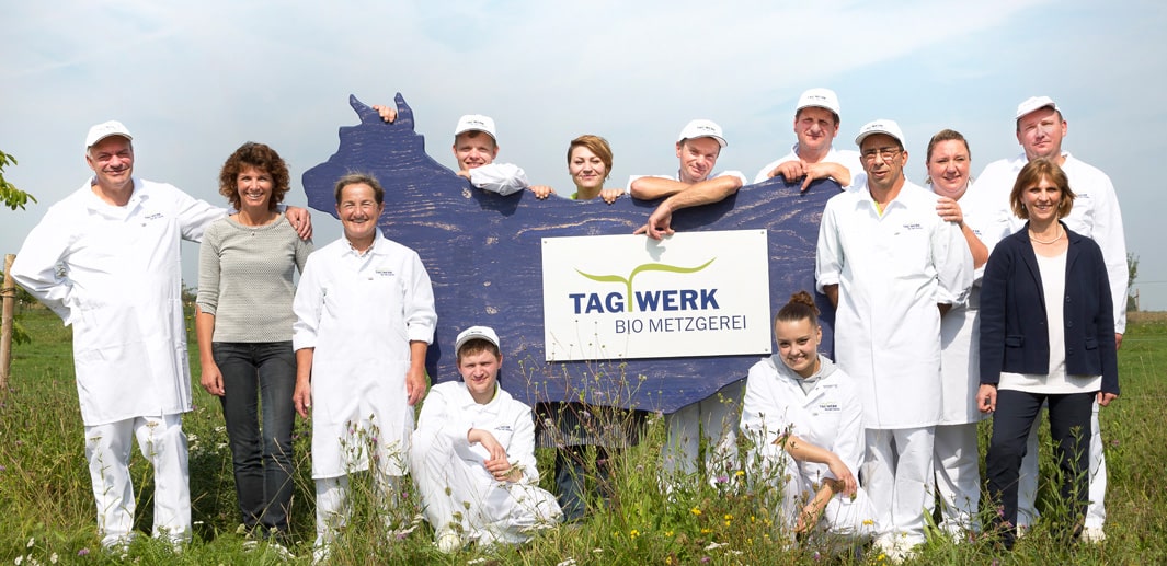 Mitarbeitende der TAGWERK Biometzgerei stehen mit Holzkuh zum Gruppenbild auf einer Sommerblumenwiese