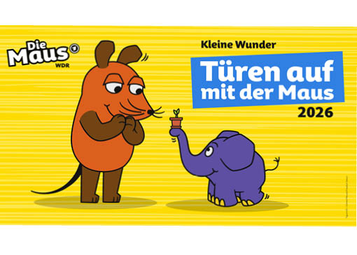 Blauer Pfeil mit den Texten "Die Maus" und "Türen auf mit der Maus", daneben die Maus Figur und ein QR Code.