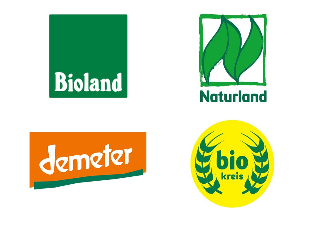 Logos von Bioland, Naturland, Demeter und Biokreis