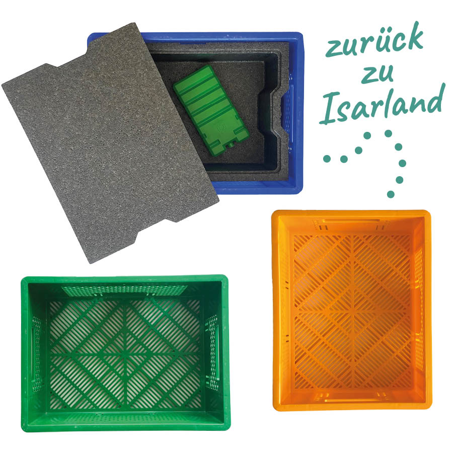 Pfandkisten in grün, orange und blau mit Kühlakku.